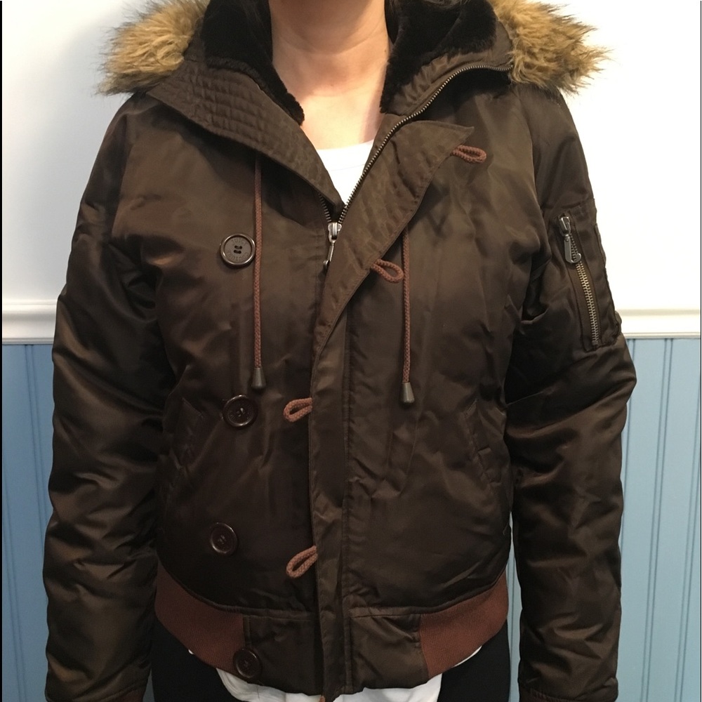 Vintage Juicy fur trim winter jacket sz L BROWN